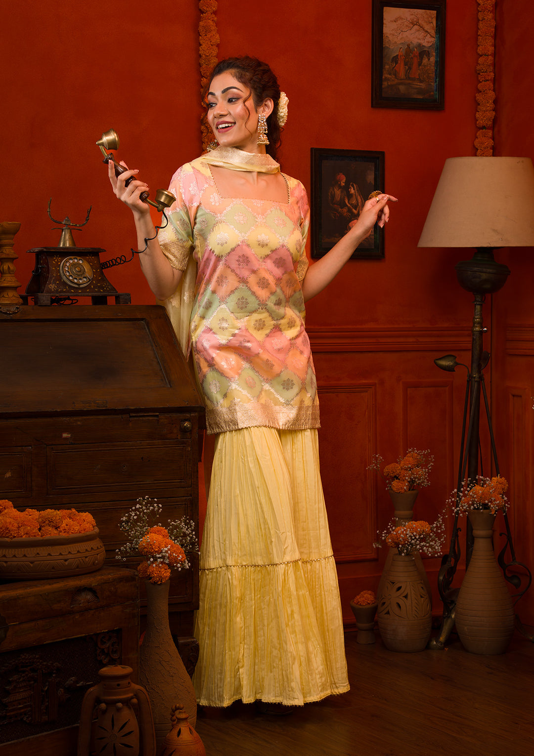 Beige Zariwork Banarasi Readymade Sharara Kameez
