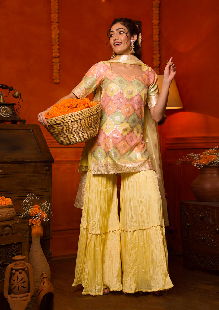Beige Zariwork Banarasi Readymade Sharara Kameez