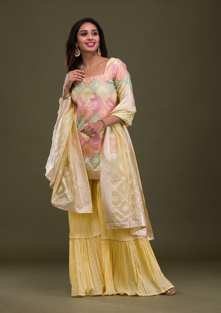Beige Zariwork Banarasi Readymade Sharara Kameez