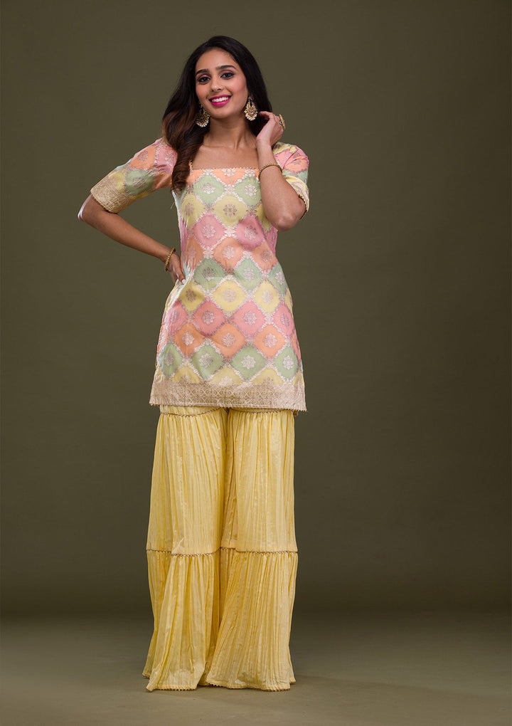 Beige Zariwork Banarasi Readymade Sharara Kameez