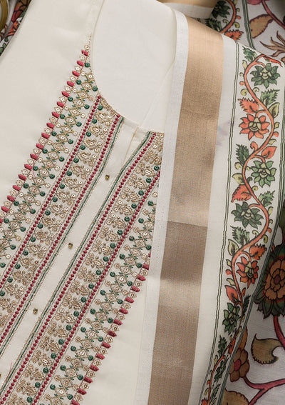 Beige Zariwork Cotton Unstitched Salwar Suit-Koskii