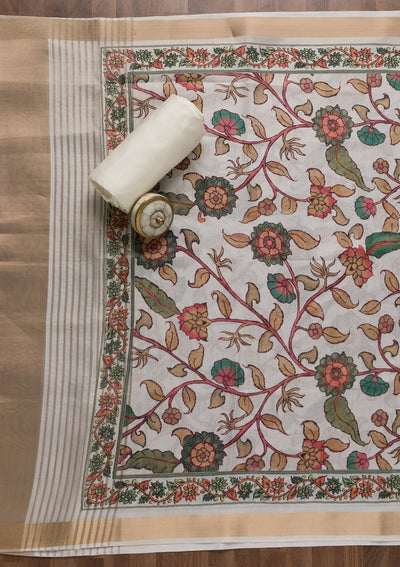 Beige Zariwork Cotton Unstitched Salwar Suit-Koskii
