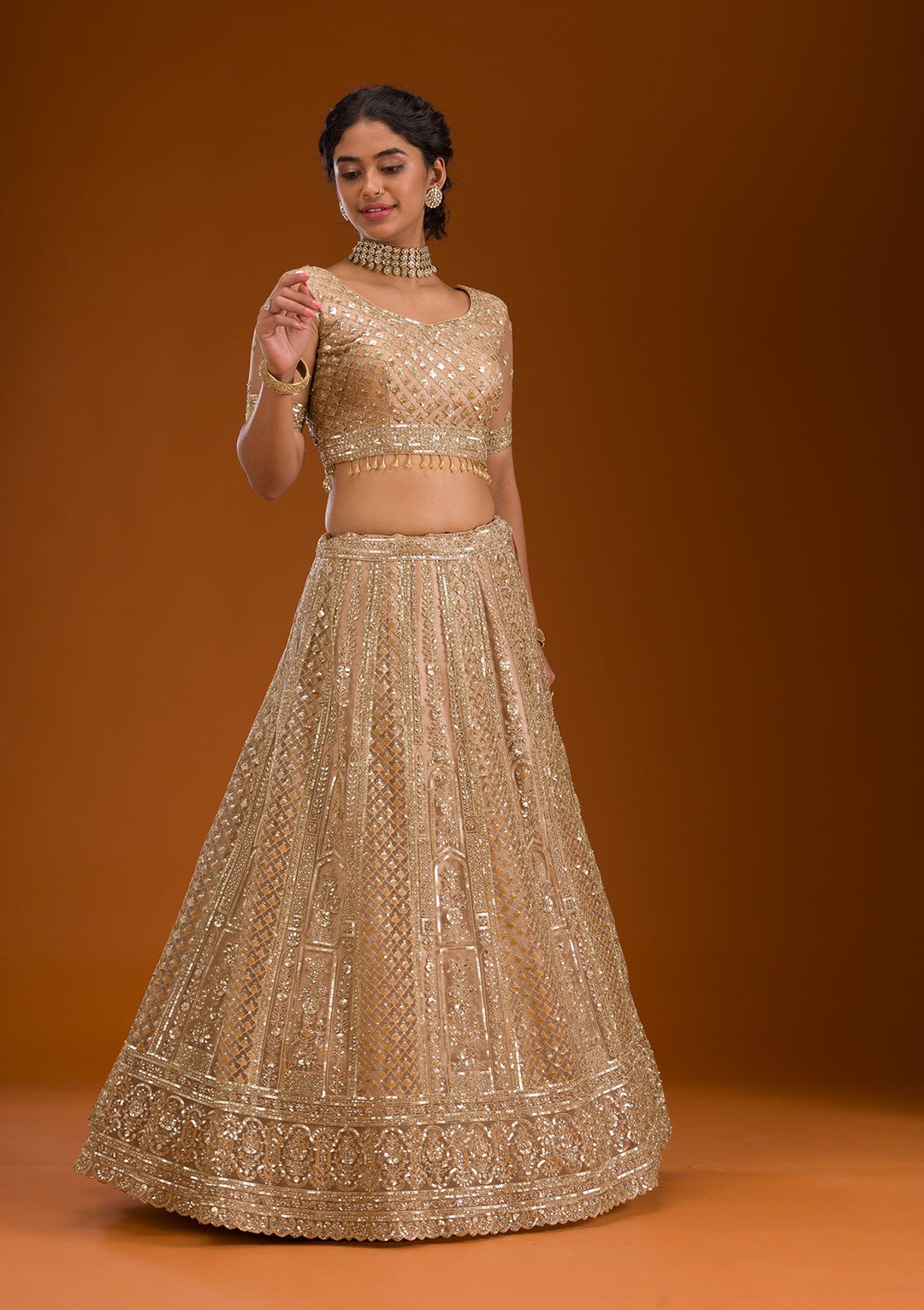 Beige Zariwork Net Readymade Lehenga-Koskii