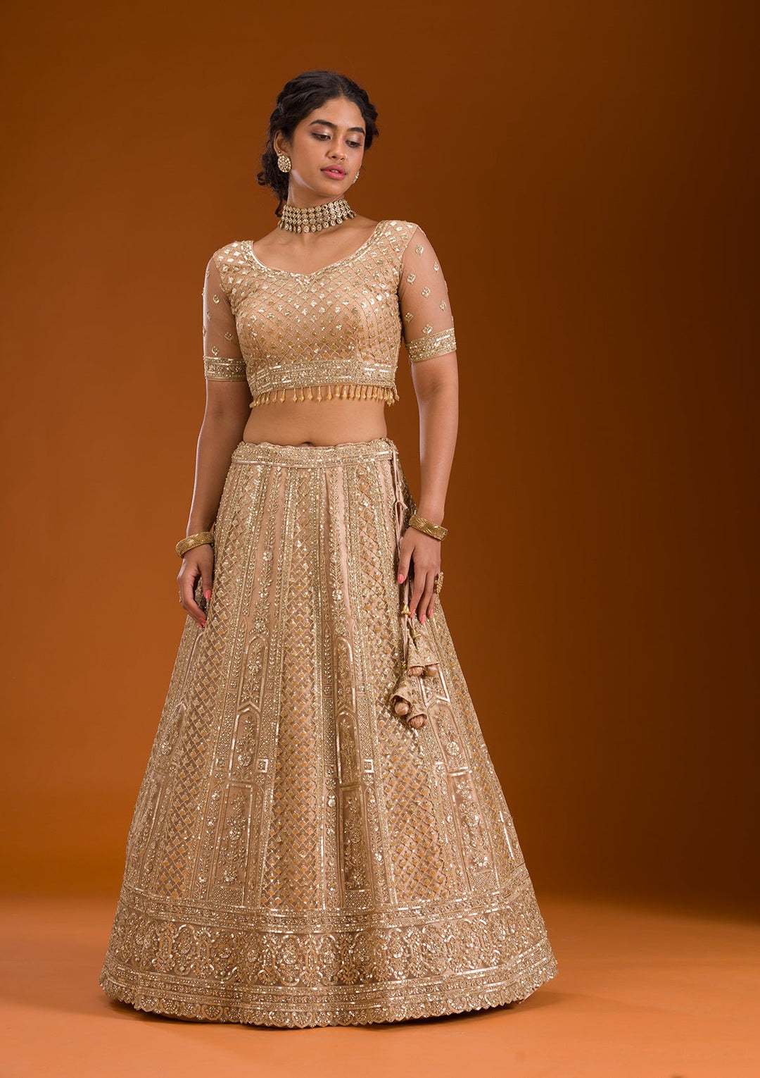 Beige Zariwork Net Readymade Lehenga-Koskii