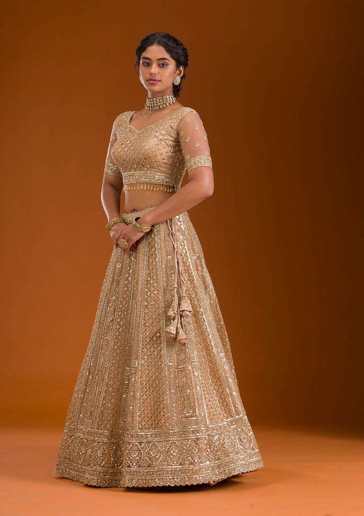 Beige Zariwork Net Readymade Lehenga-Koskii