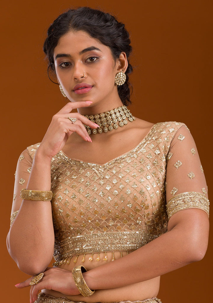 Beige Zariwork Net Readymade Lehenga-Koskii