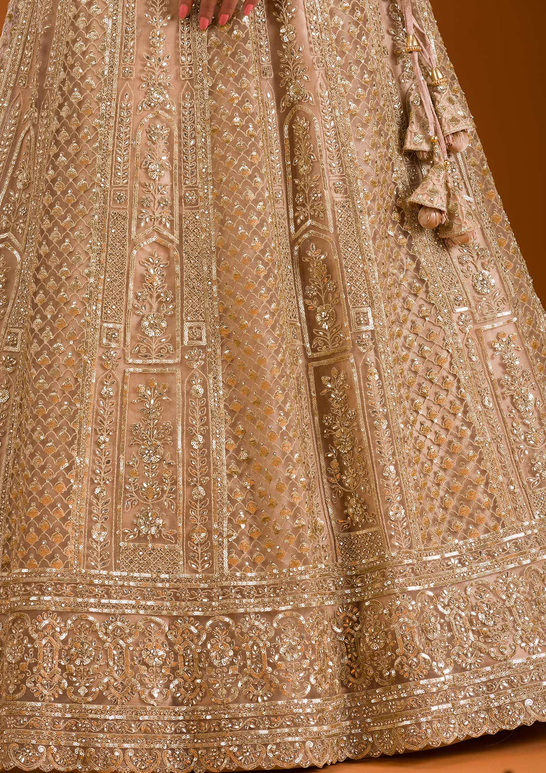 Beige Zariwork Net Readymade Lehenga-Koskii