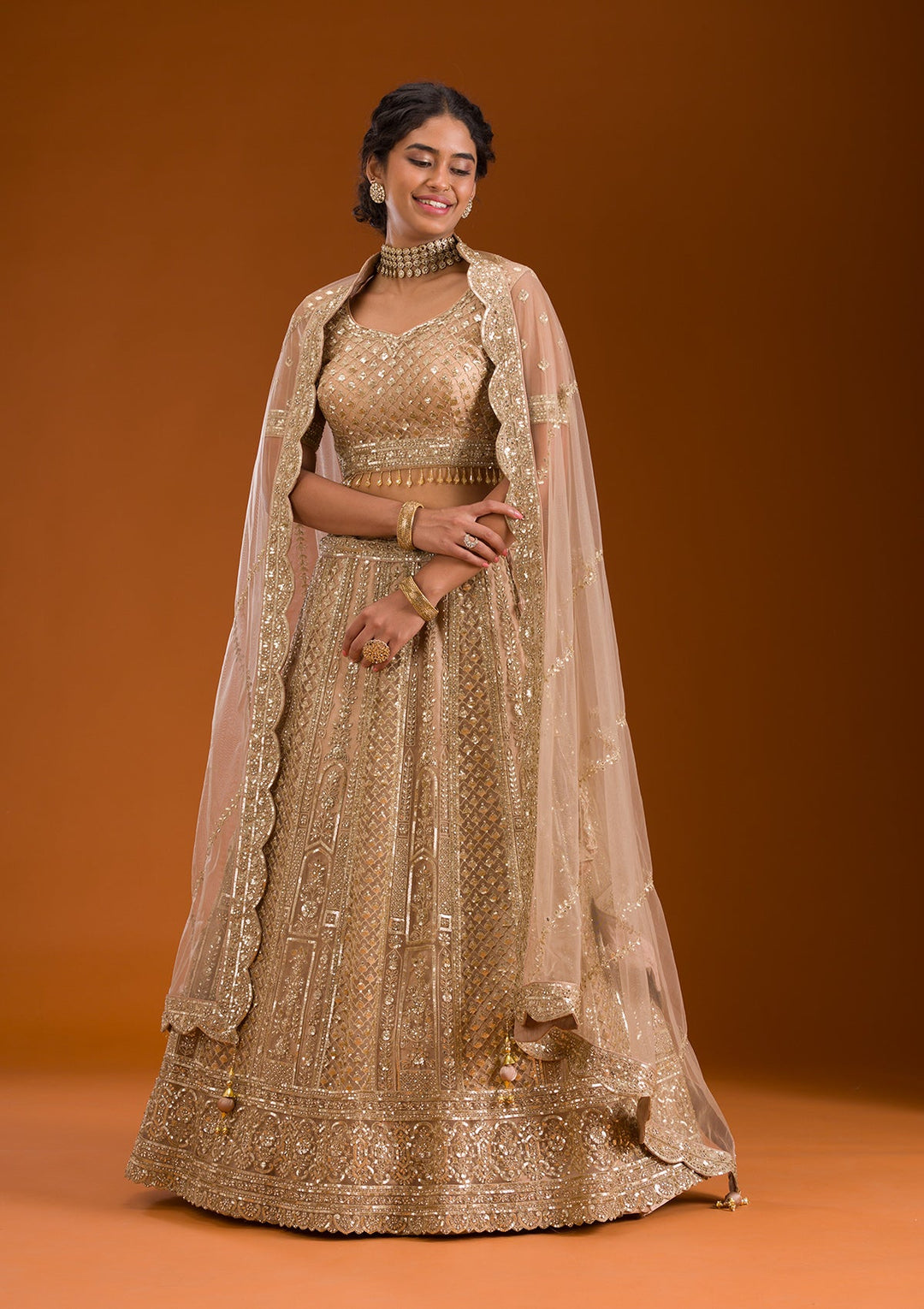 Beige Zariwork Net Readymade Lehenga-Koskii