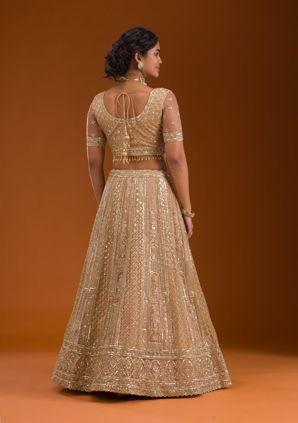 Beige Zariwork Net Readymade Lehenga-Koskii