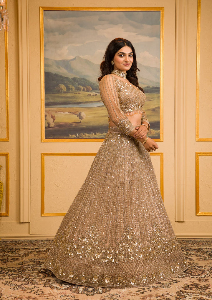 Beige Zariwork Net Readymade Lehenga-Koskii