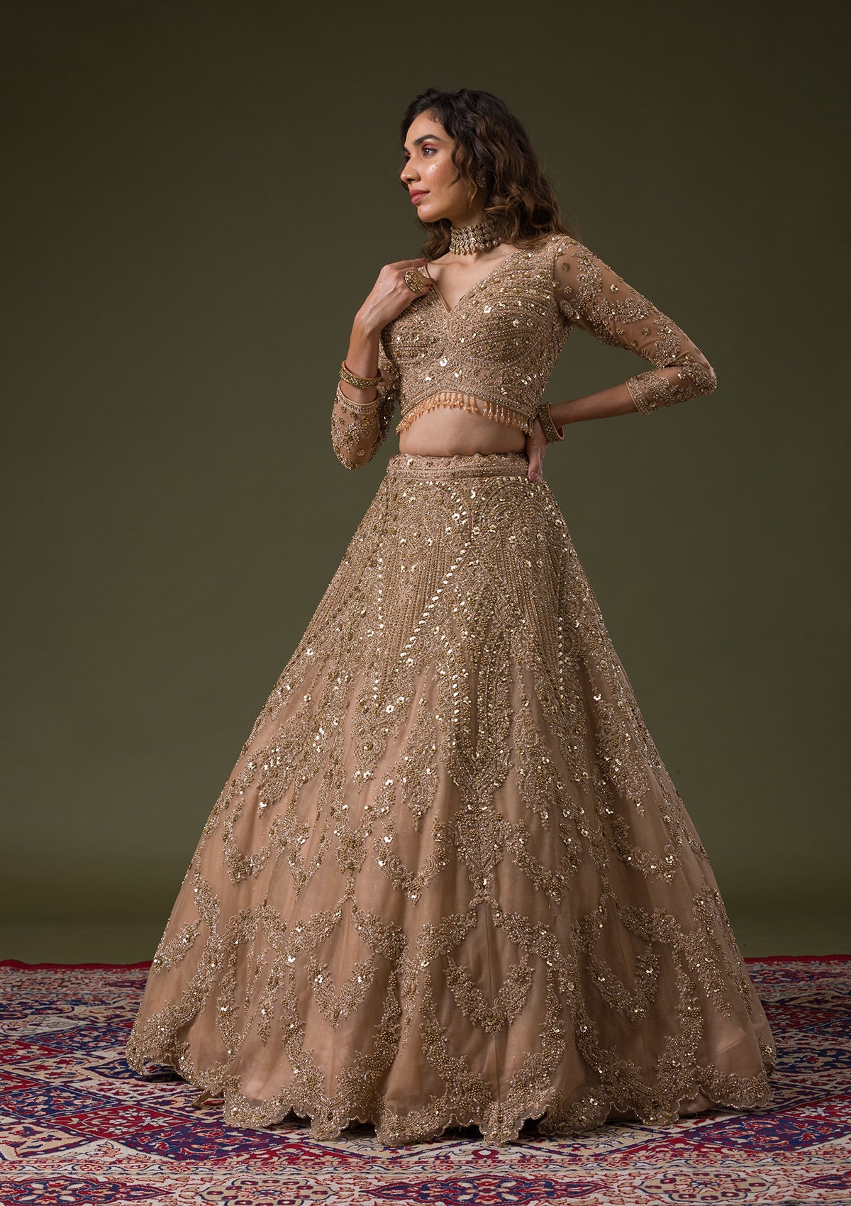 Beige Zariwork Net Readymade Lehenga-Koskii