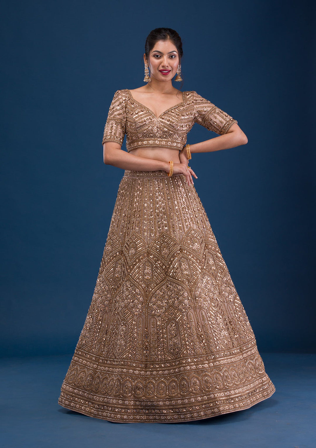 Beige Zariwork Net Readymade Lehenga-Koskii