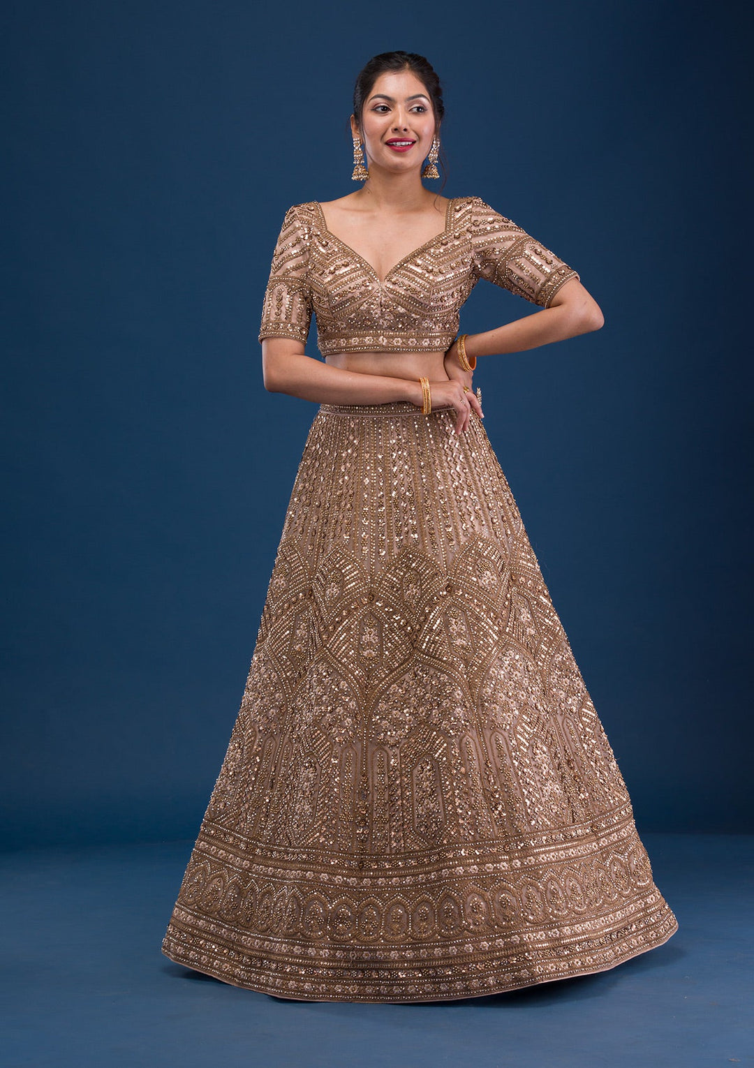 Beige Zariwork Net Readymade Lehenga-Koskii