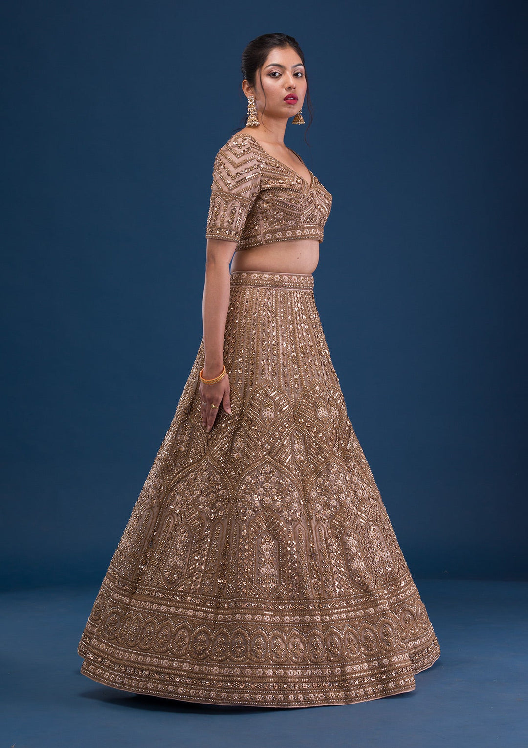 Beige Zariwork Net Readymade Lehenga-Koskii