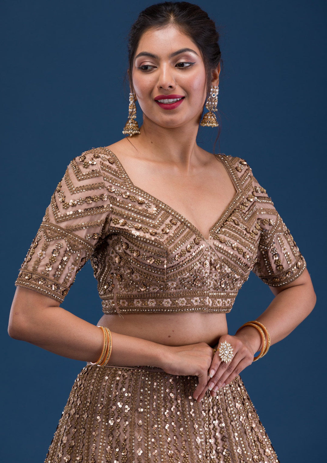 Beige Zariwork Net Readymade Lehenga-Koskii