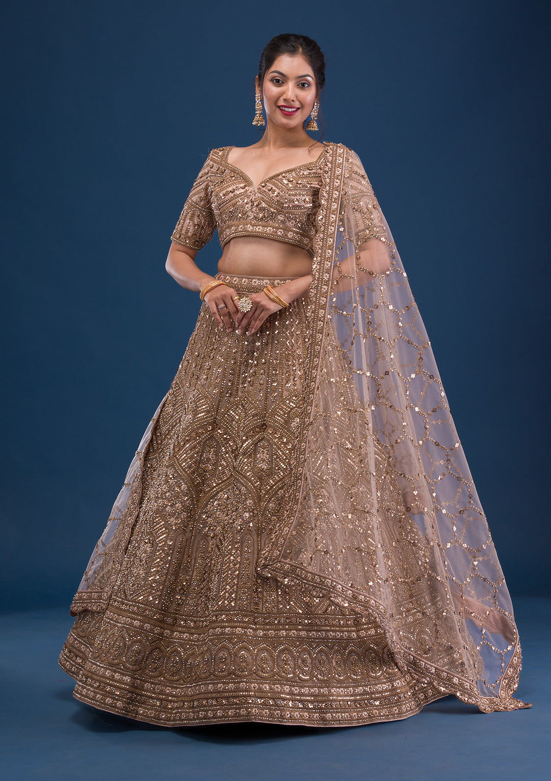Beige Zariwork Net Readymade Lehenga-Koskii