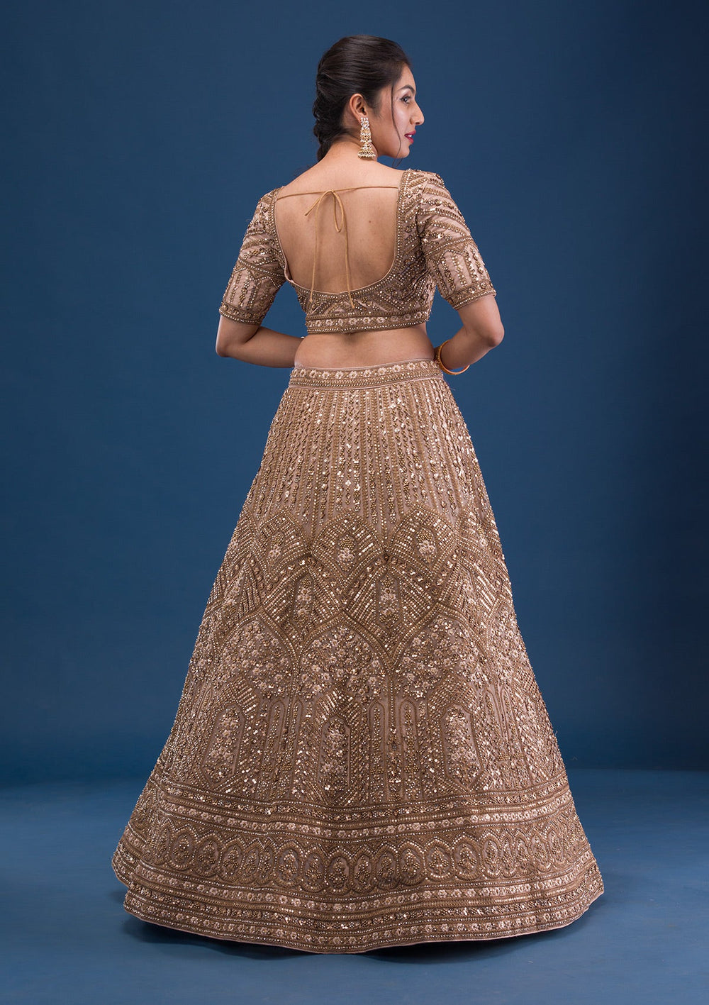 Beige Zariwork Net Readymade Lehenga-Koskii