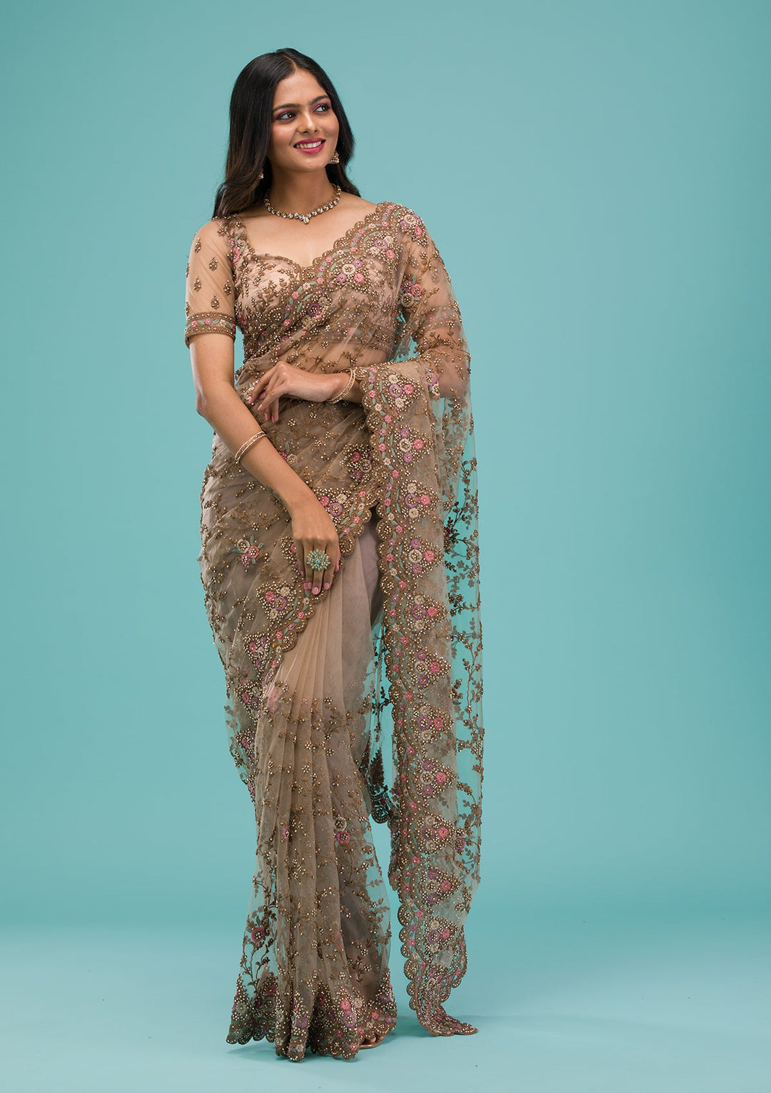 Beige Zariwork Net Saree-Koskii