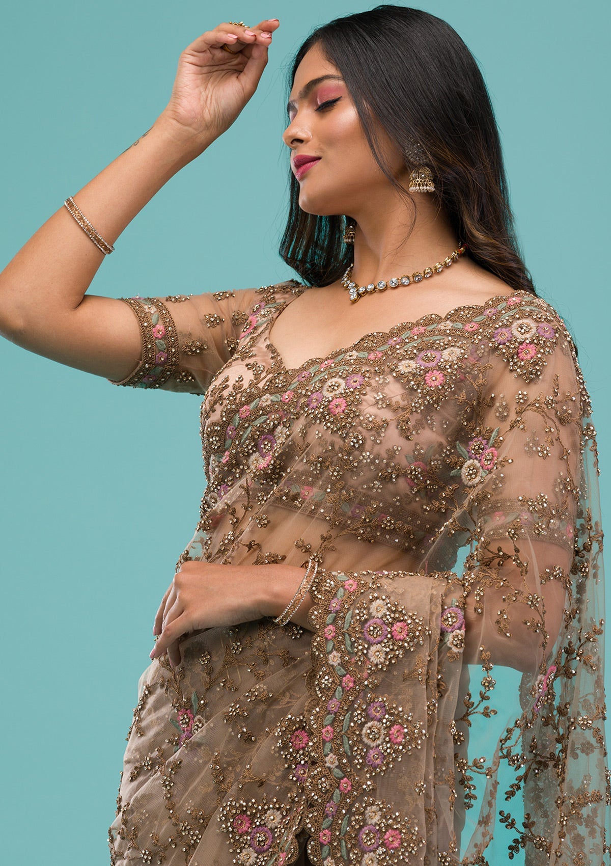 Buy Beige Zariwork Net Saree - Koskii