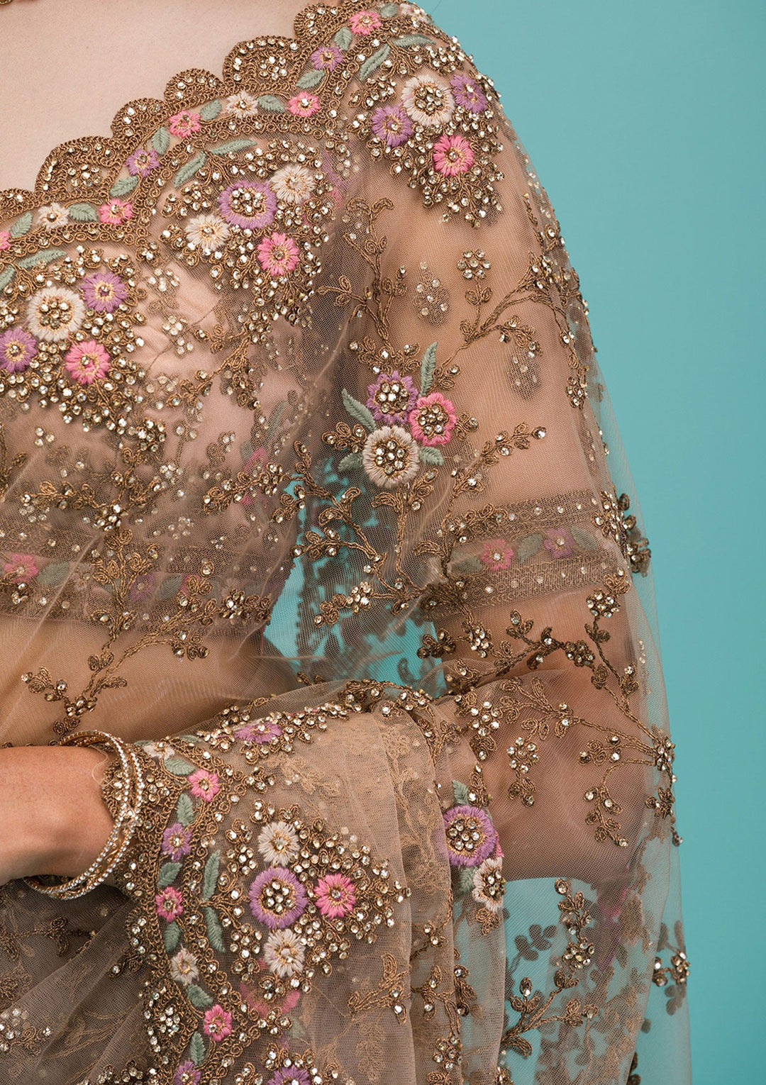 Beige Zariwork Net Saree-Koskii