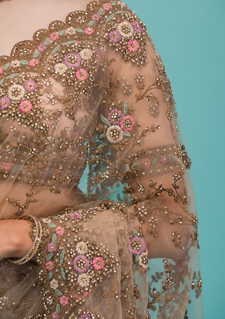 Beige Zariwork Net Saree-Koskii