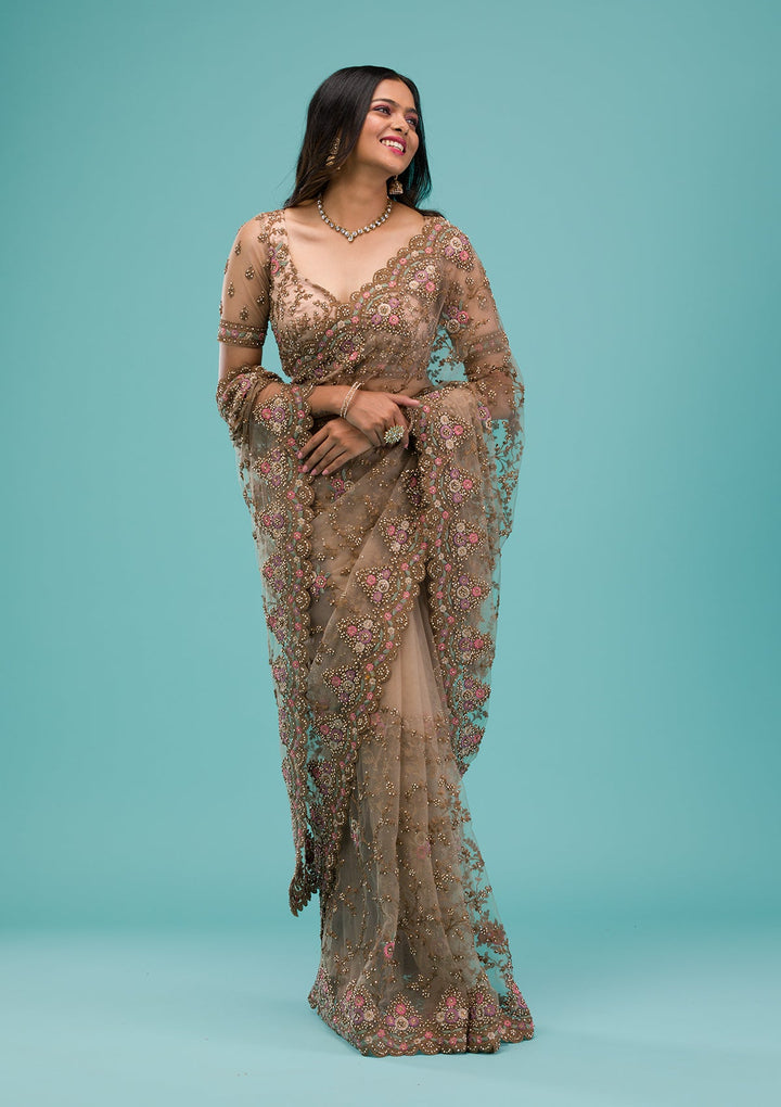 Beige Zariwork Net Saree-Koskii