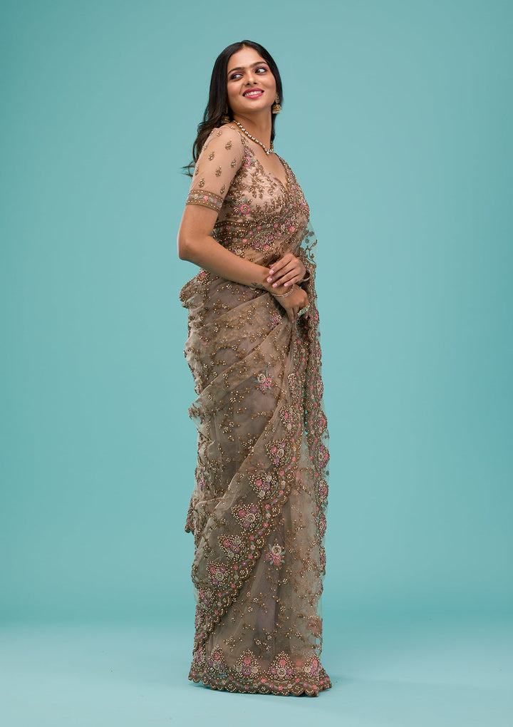 Beige Zariwork Net Saree-Koskii