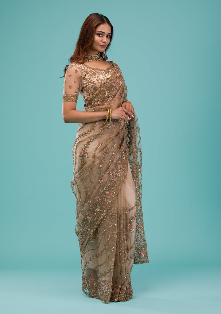 Beige Zariwork Net Saree-Koskii