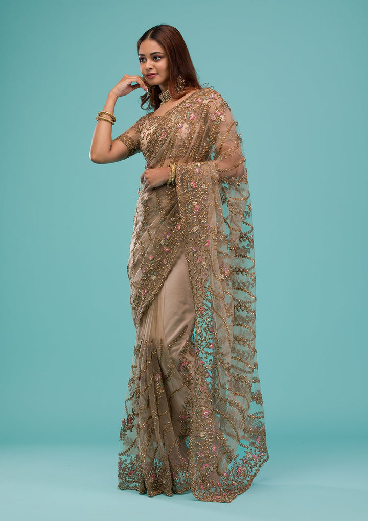 Beige Zariwork Net Saree-Koskii