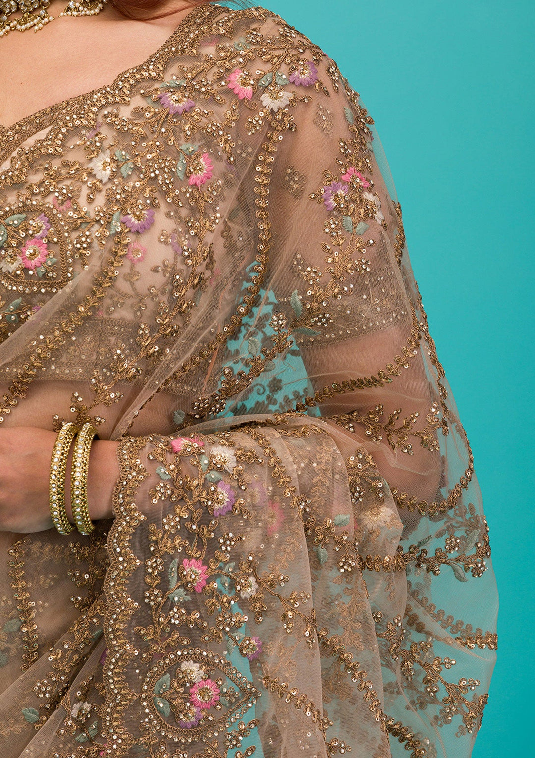 Beige Zariwork Net Saree-Koskii