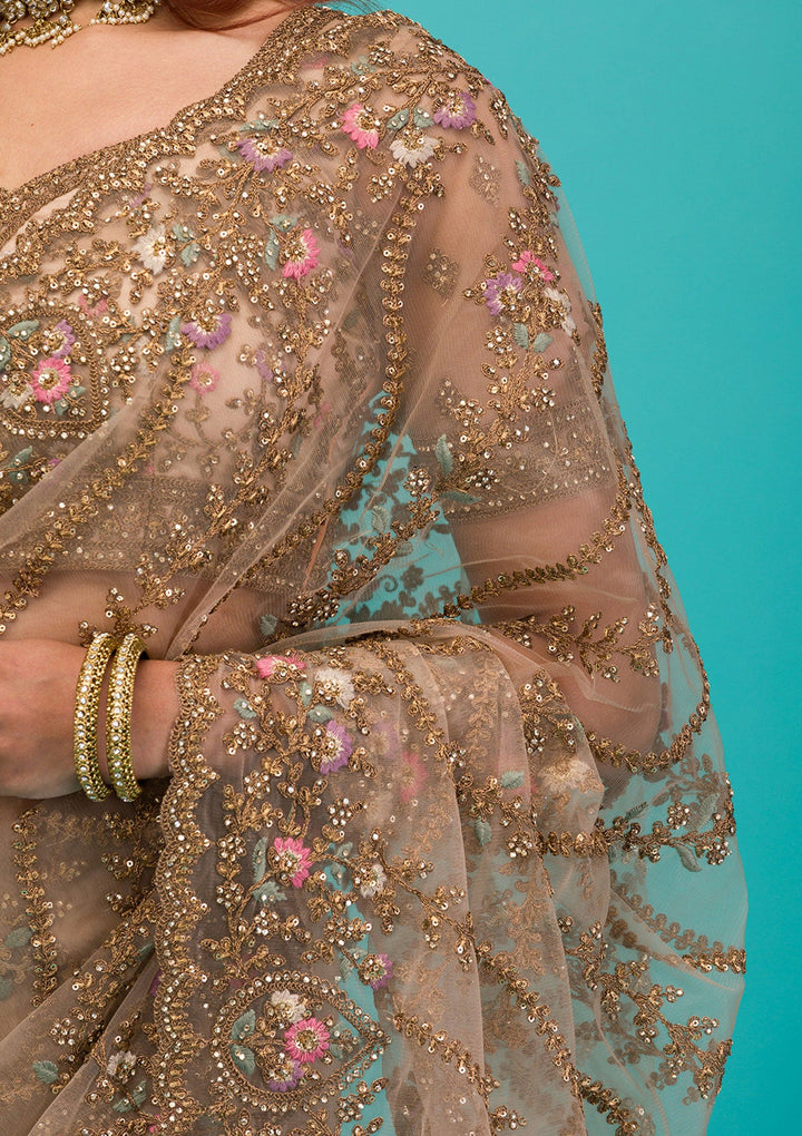 Beige Zariwork Net Saree-Koskii