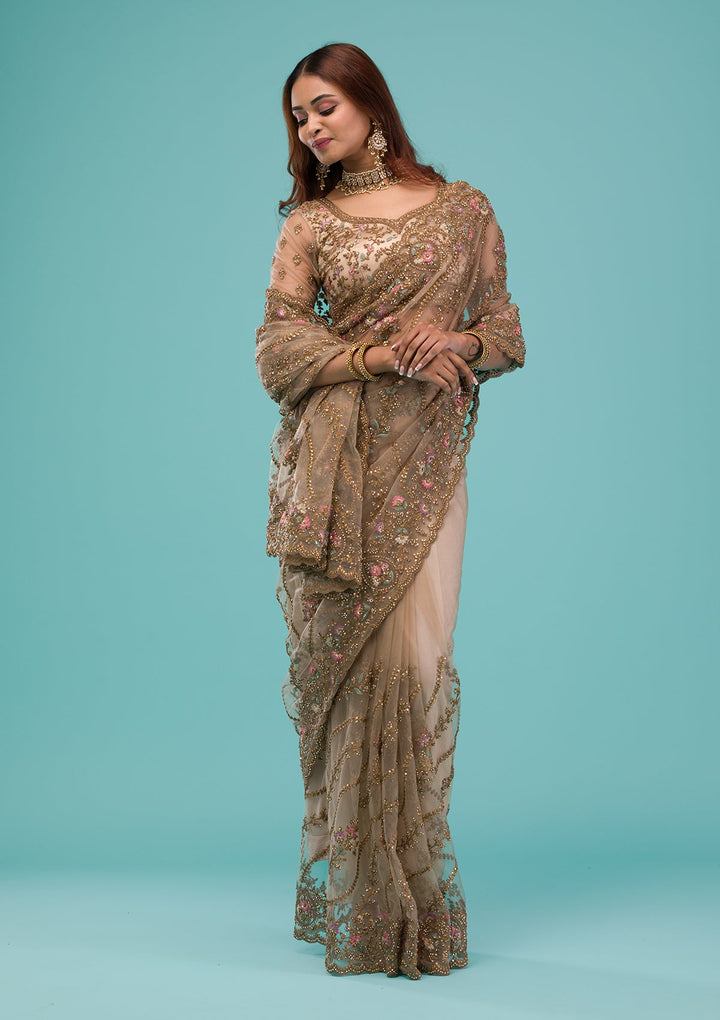 Beige Zariwork Net Saree-Koskii