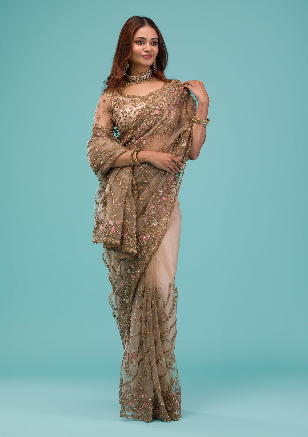 Beige Zariwork Net Saree-Koskii