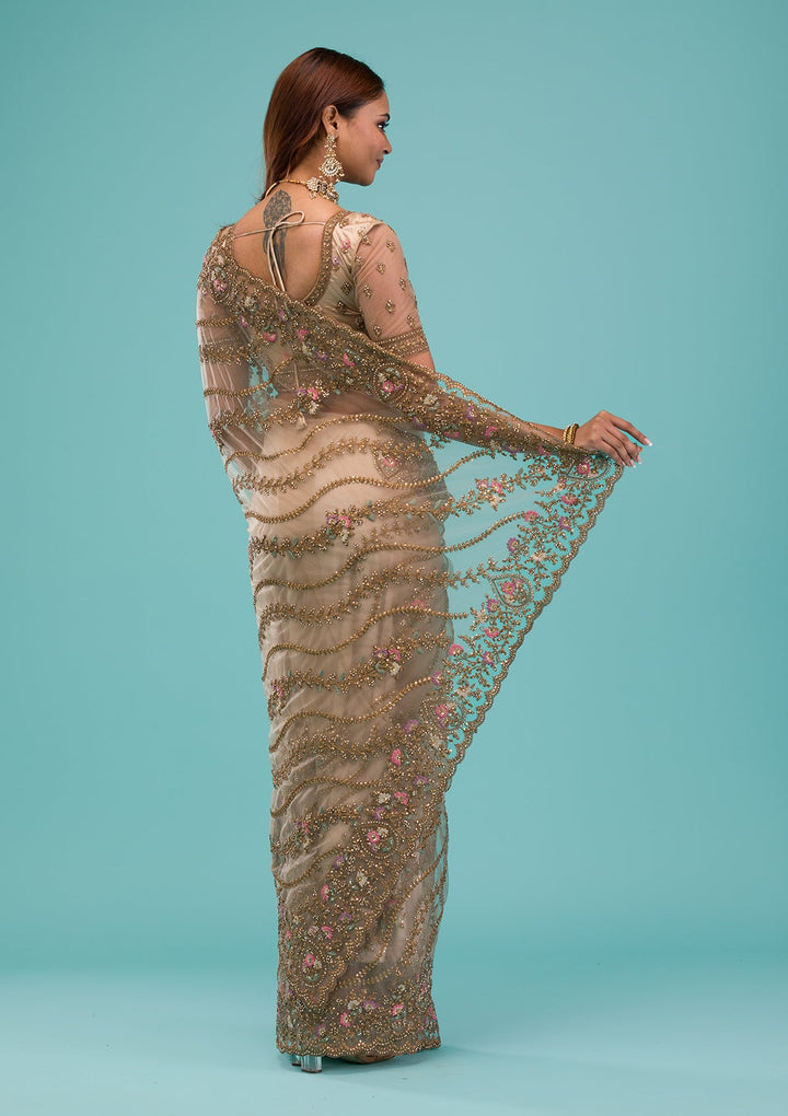 Beige Zariwork Net Saree-Koskii