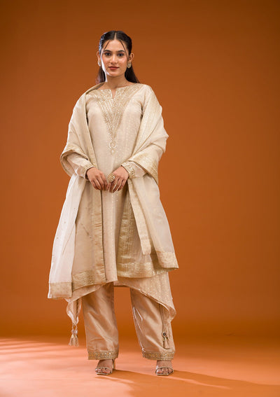 Beige Zariwork Semi Crepe Readymade Salwar Suit-Koskii