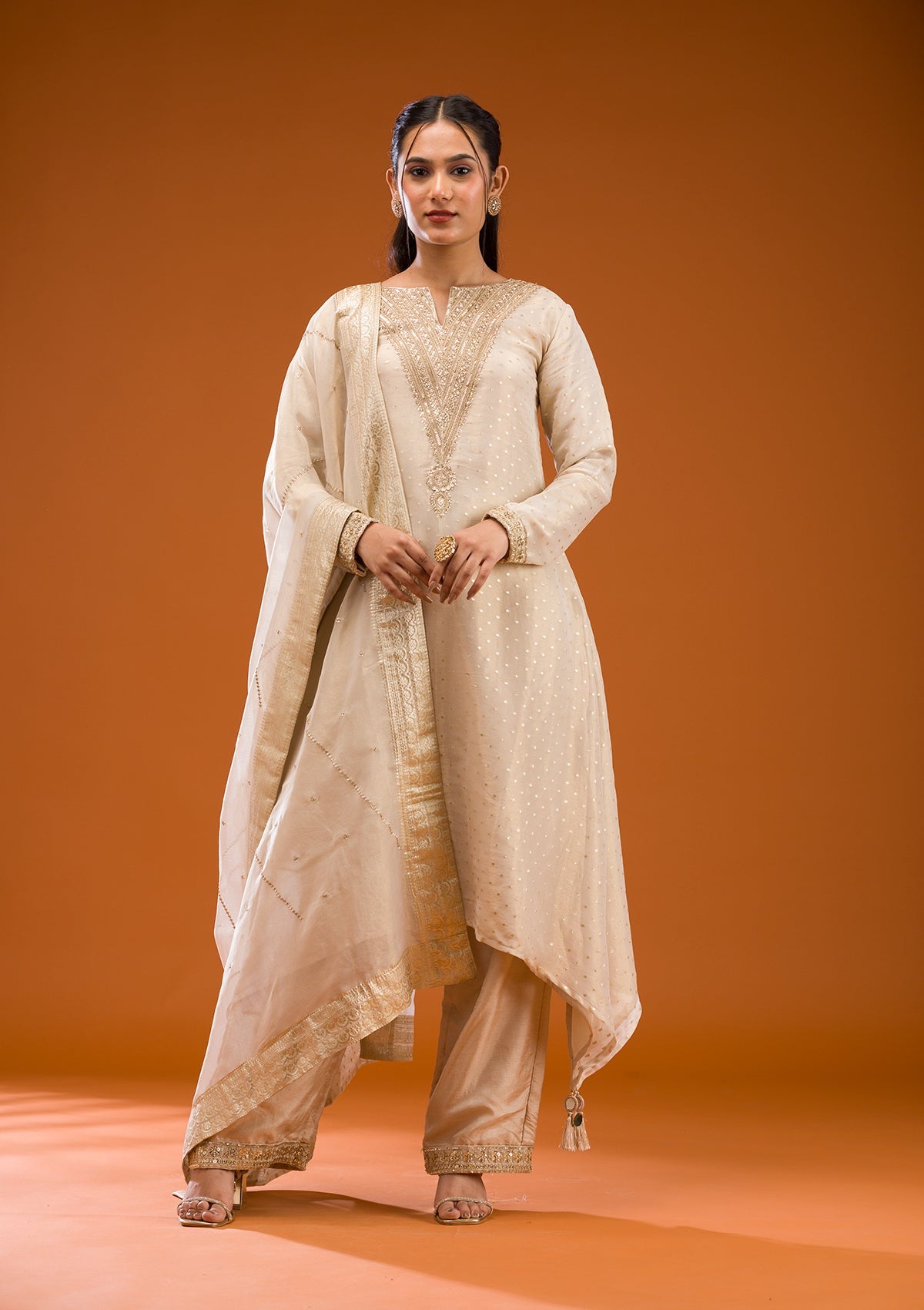 Beige Zariwork Semi Crepe Readymade Salwar Suit-Koskii