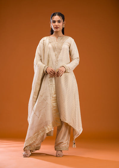 Beige Zariwork Semi Crepe Readymade Salwar Suit-Koskii