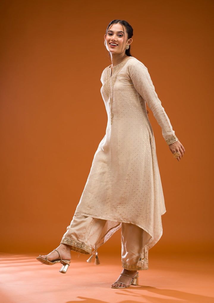 Beige Zariwork Semi Crepe Readymade Salwar Suit-Koskii