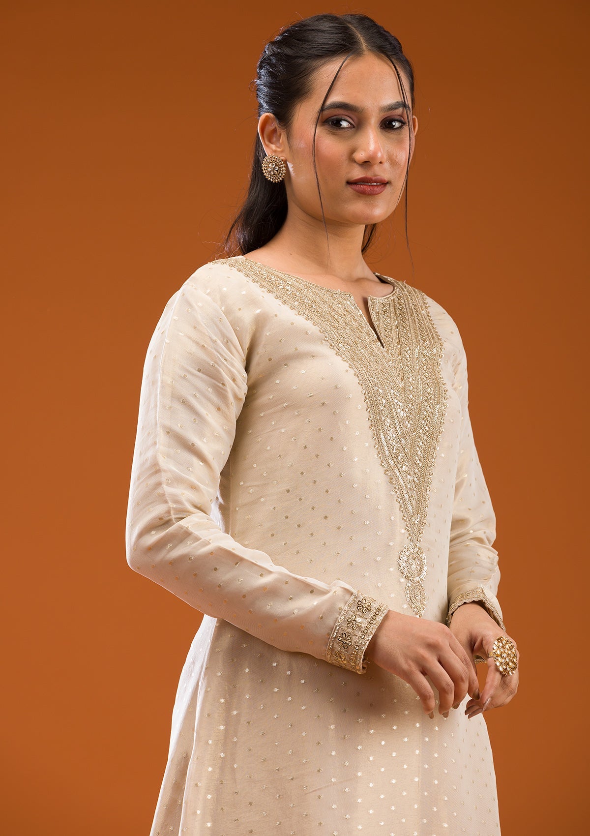 Beige Zariwork Semi Crepe Readymade Salwar Suit-Koskii