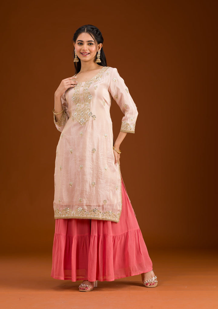 Beige Zariwork Semi Crepe Readymade Salwar Suit-Koskii