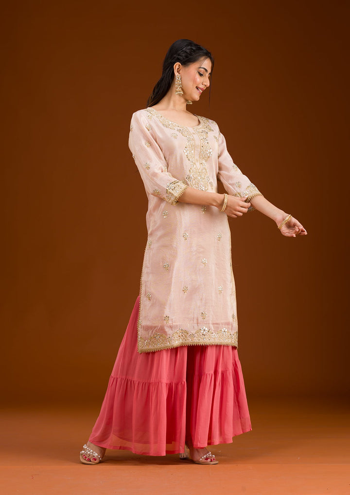 Beige Zariwork Semi Crepe Readymade Salwar Suit
