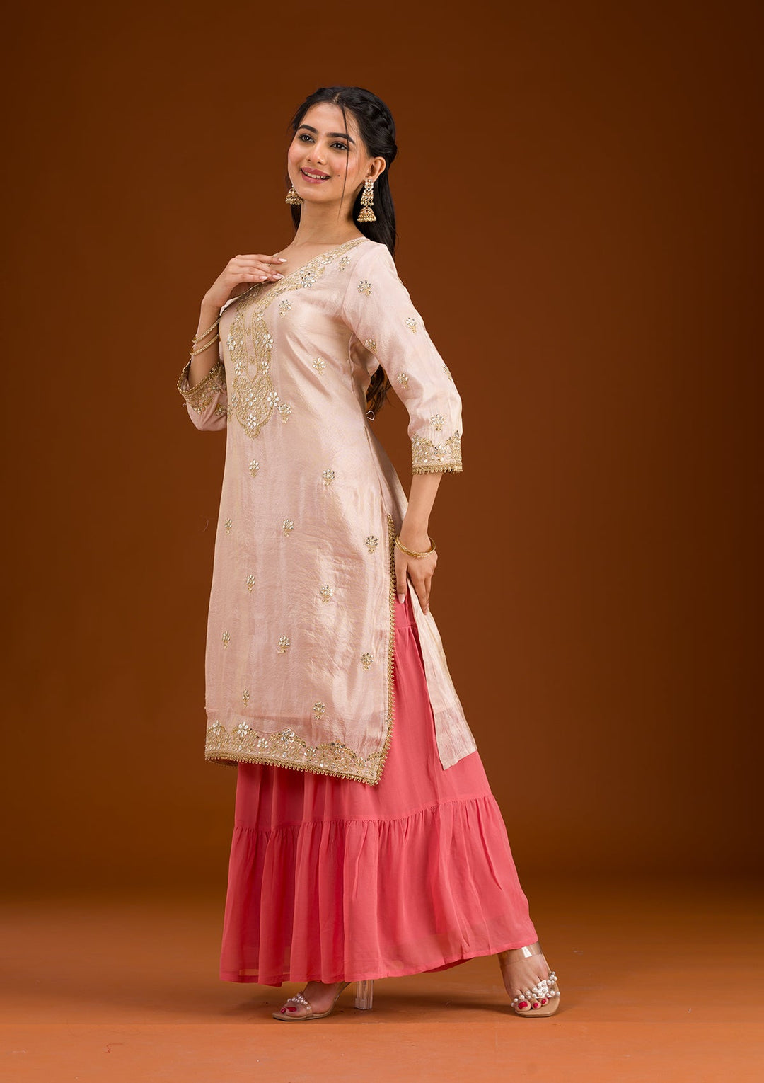 Beige Zariwork Semi Crepe Readymade Salwar Suit