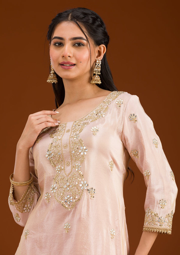 Beige Zariwork Semi Crepe Readymade Salwar Suit-Koskii