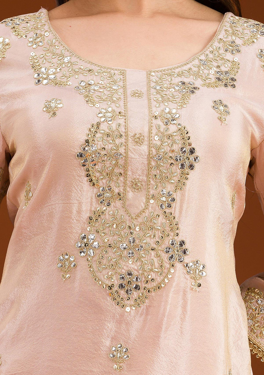 Beige Zariwork Semi Crepe Readymade Salwar Suit