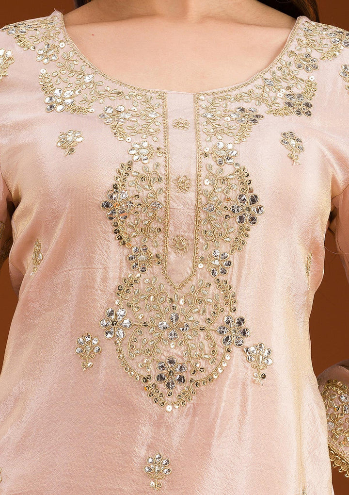 Beige Zariwork Semi Crepe Readymade Salwar Suit