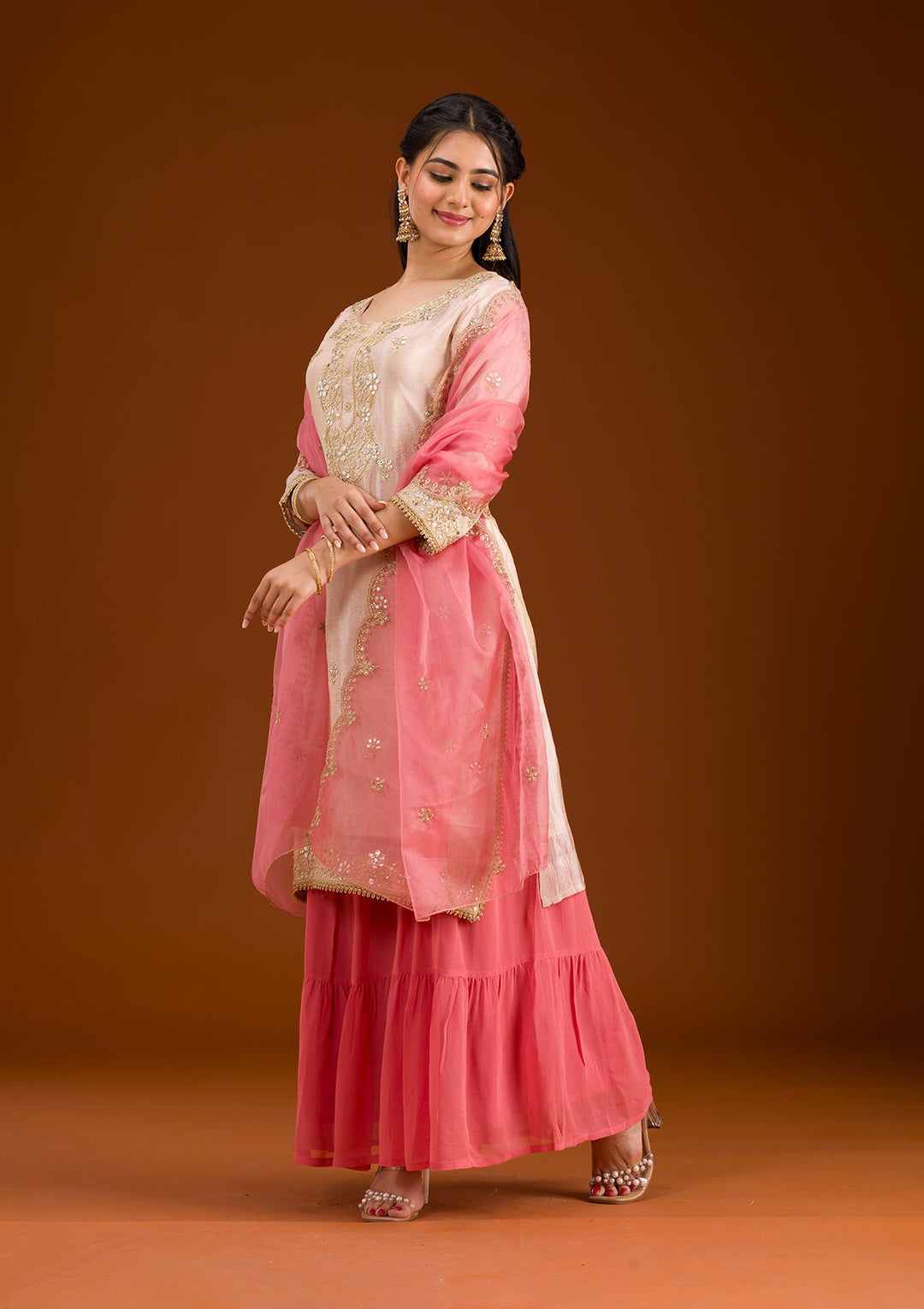 Beige Zariwork Semi Crepe Readymade Salwar Suit