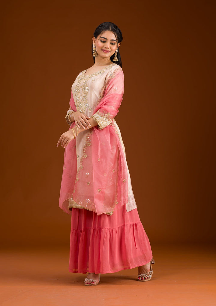 Beige Zariwork Semi Crepe Readymade Salwar Suit