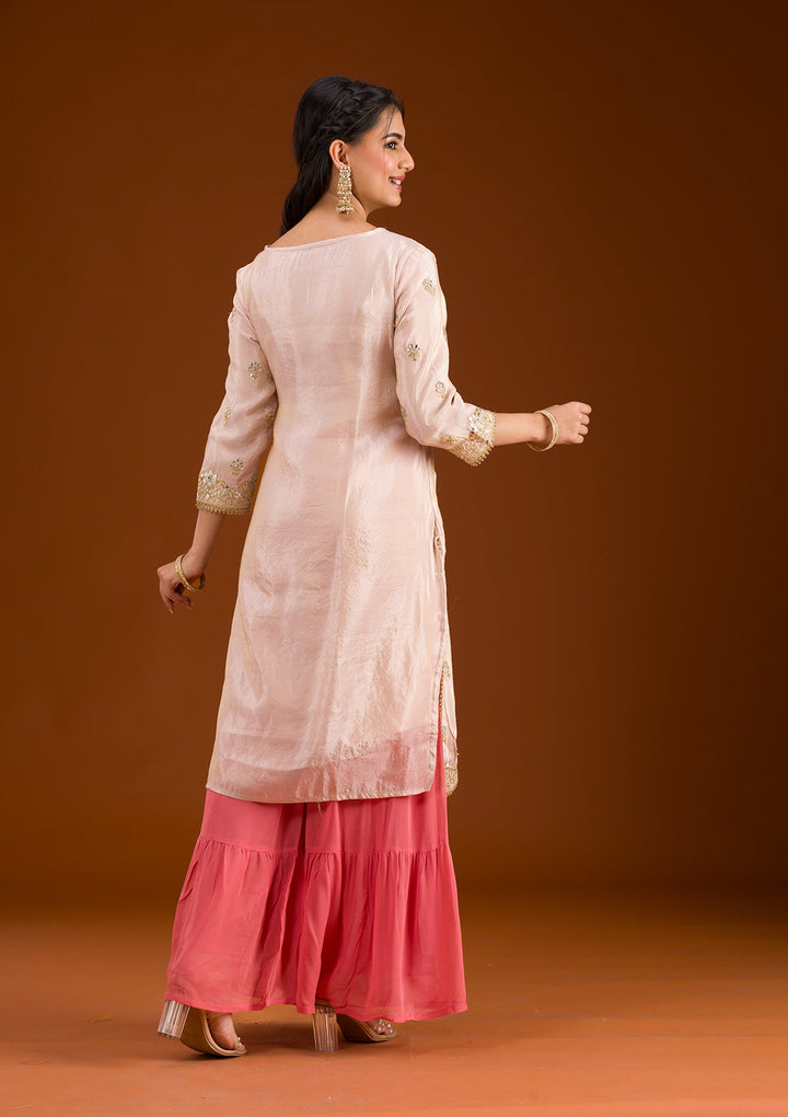 Beige Zariwork Semi Crepe Readymade Salwar Suit-Koskii