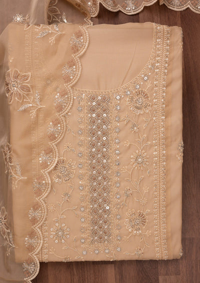 Beige Zariwork Semi Crepe Unstitched Salwar Suit-Koskii