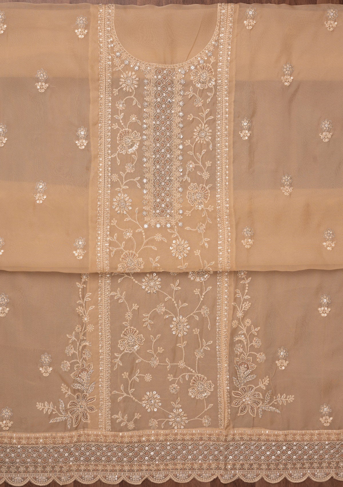 Beige Zariwork Semi Crepe Unstitched Salwar Suit-Koskii